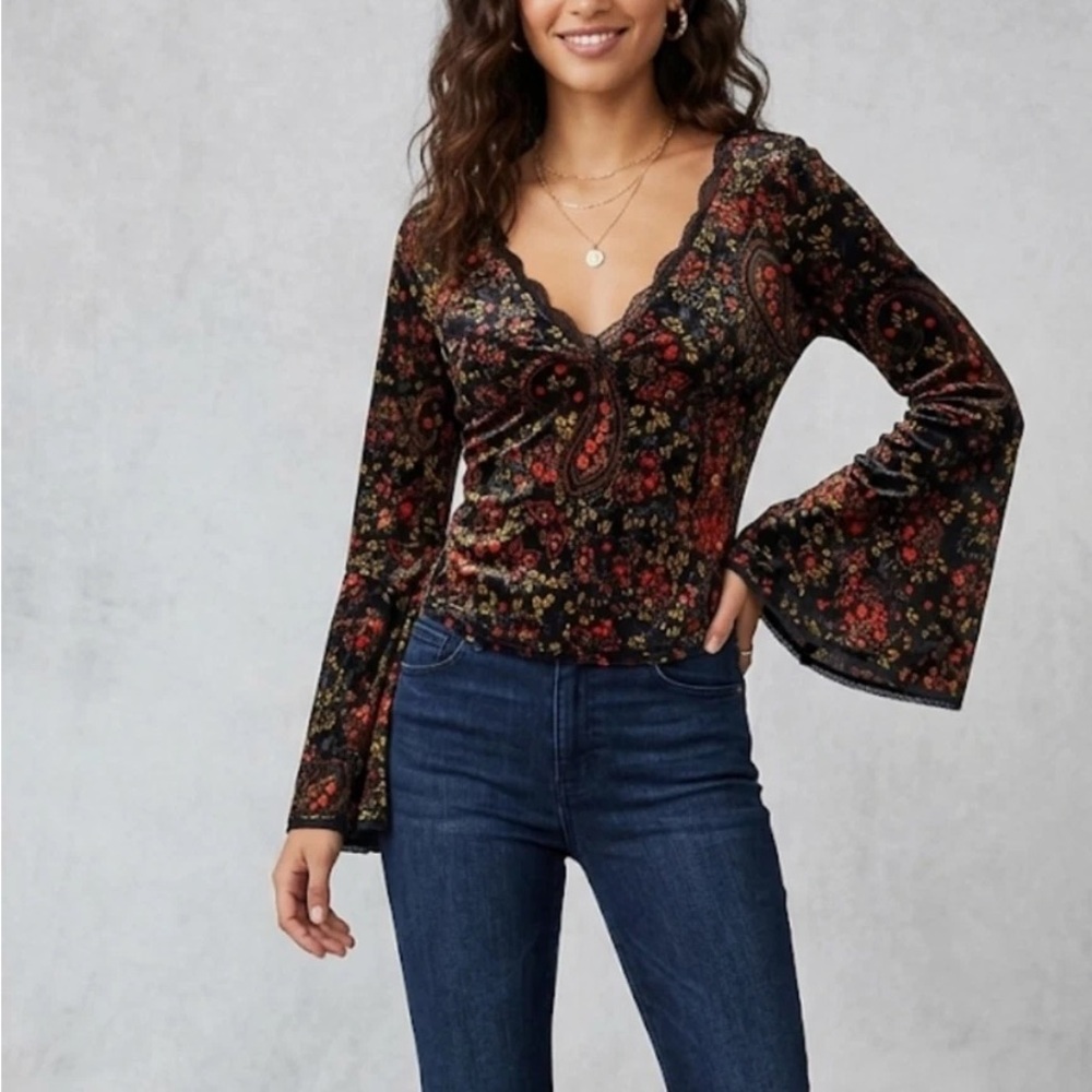 Free People | Velvet Floral Bell-Sleeve Top - Black Floral with Lace Trim